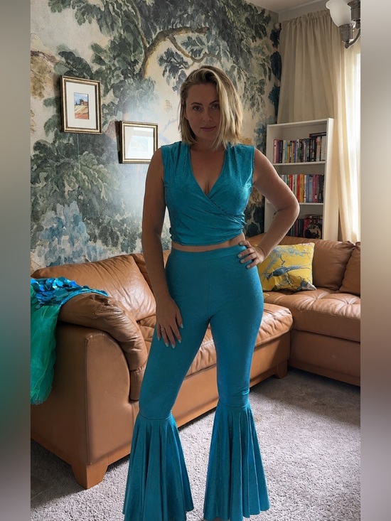 Pants - Turquoise Two-Piece Bell Bottom Set – Retro Disco Festival Outfit, S, M, L